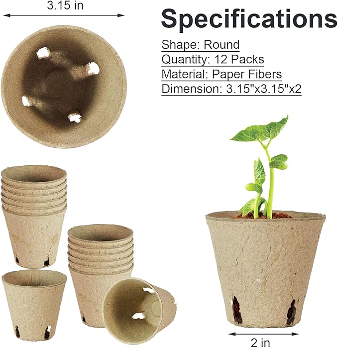 DESKEMAI Peat Pots, Biodegradable Pots for Seedlings with Drain Holes, Garden Plant Nursery Pots for Plants, Vegetables,Fruits and Herb (12)