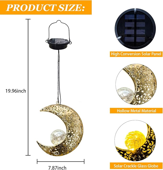 Solar Garden Hanging Moon Lights Outdoor Decor,Metal Lanterns Art Decorations for Outside Yard Lawn Patio Wall Fences Driveway Trail,Unique Housewarming Gardening Gifts for Women Mom