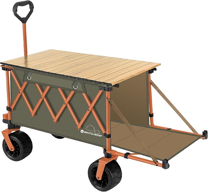 Whitsunday Collapsible Folding Wagon with Table, Heavy Duty Utility Beach Wagons with Opened Tailgate and All-Terrain Wheels for Camping,Garden,Sports (Max Orange)