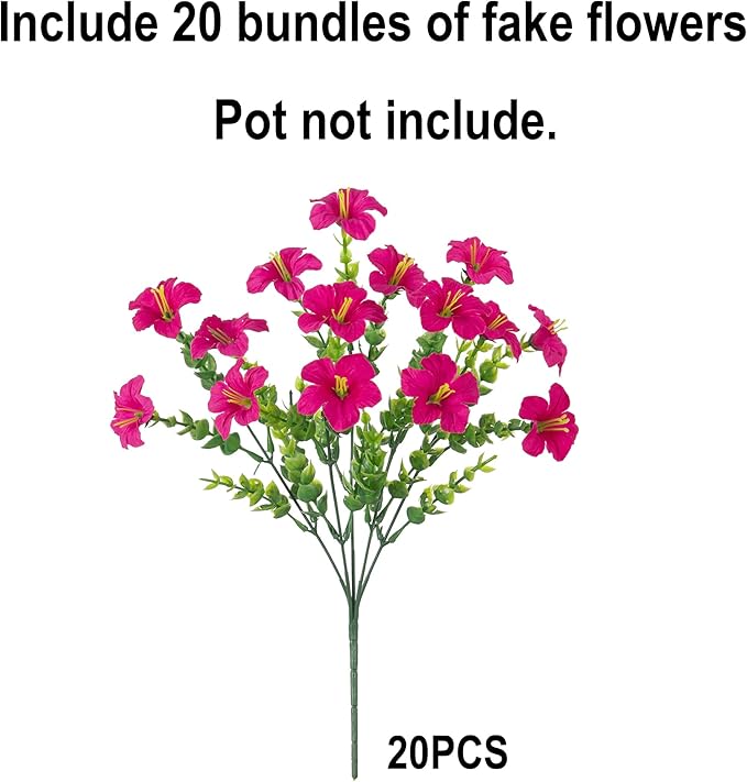 Artificial Flowers for Outdoors Fake Plants Outside Decoration, 20 Bundles Fuchsia Silk Petunia with Eucalyptus UV Resistant Realistic Faux Flowers for Outdoor Planters Garden Balcony Yard Porch Patio