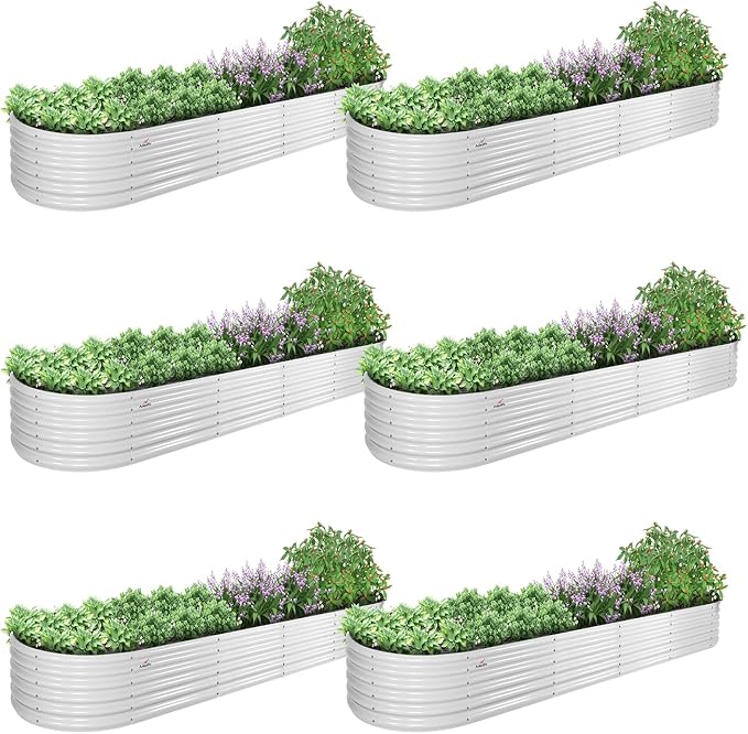 A ANLEOLIFE 6 Pcs 12X3X1.5 ft Oval Extra Large Galvanized Raised Garden Beds Outdoor for Planting Vegetables Flowers Herb, Antique White