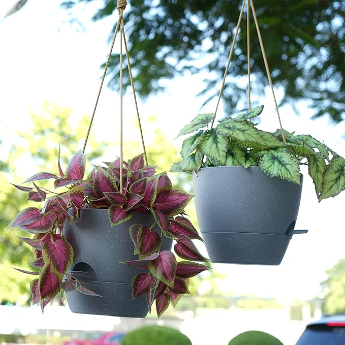 SwinDuck 10 Inch Self Watering Hanging Pots, 2 Pack Hanging Planters with 40oZ Deep Reservior for Indoor Outdoor Plants Flowers, Grey