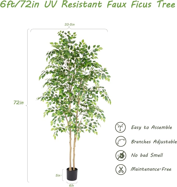 Tall UV Resistant Ficus Tree Artificial，6ft(72in) Faux Ficus Tree with Realistic Smooth and Shiny Leaves， Fake Trees Indoor Outdoor for Home Office Living Room Bedroom Foyer Porch Decor.