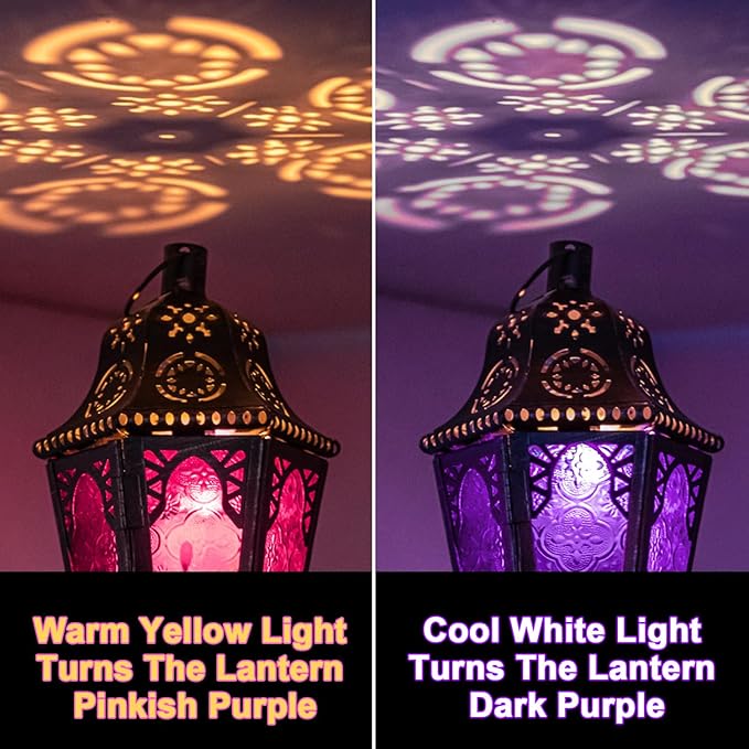 DECORKEY Moroccan Decorations Indoor, 13.6’’ Lantern Decorative Outdoor, Halloween Style Hanging Lantern with Chian for Home Porch Patio Decor, Vintage Metal Christmas Ramadan Candle Holders(Purple)