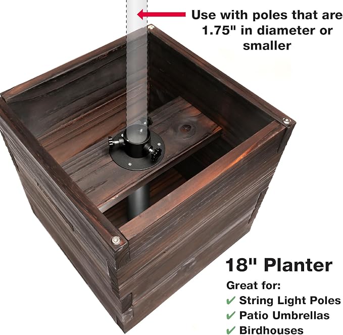 Extra Large Decorative Wooden Planter w/ Universal Pole Support for String Light Poles,Umbrellas,Bird Feeders. Solid Wood Outdoor Garden Patio Box for Plants(Does not include Pole), 17"x17"x18", Brown