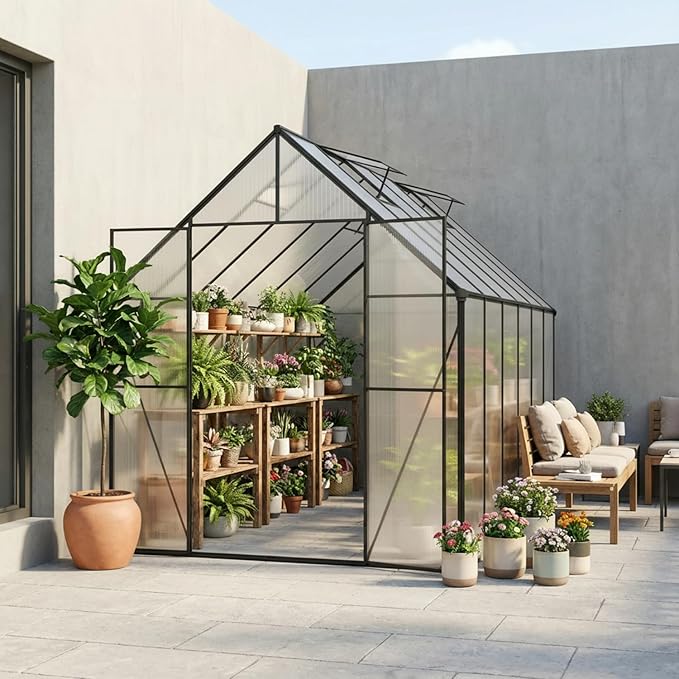 8×12 FT Walk-in Greenhouse Polycarbonate Greenhouse for Outdoors, Heavy Duty Backyard Garden Greenhouse with Aluminum Frame, Clear Panels, Adjustable Roof Vent, Rain Gutter System, Patio