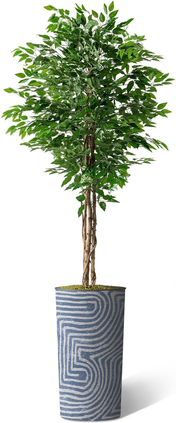Artificial Tree in Contemporary Geometric Pattern Planter, Fake Ficus Silk Tree for Indoor and Outdoor Home Decoration - 75" Overall Tall (Plant Pot Plus Tree)