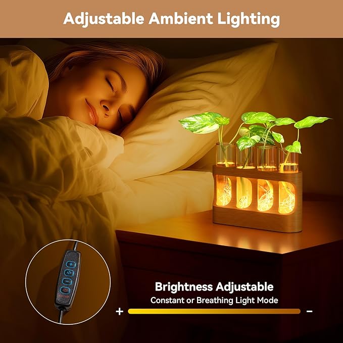 Giunn Plant Propagation Station with 9-Speed Adjustable LED Lights, Wooden Stand, 4 Glass Test Tubes for Hydroponic Plants, Unique Gift for Plant Lovers