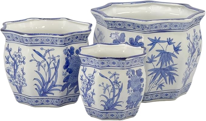 Galt International Blue & White Round Fluted Floral Palm Lotus Porcelain Ceramic Plant Flower Planter Pot Set of 3 (7.5", 10", 13") Garden Pots Chinese Asian Design