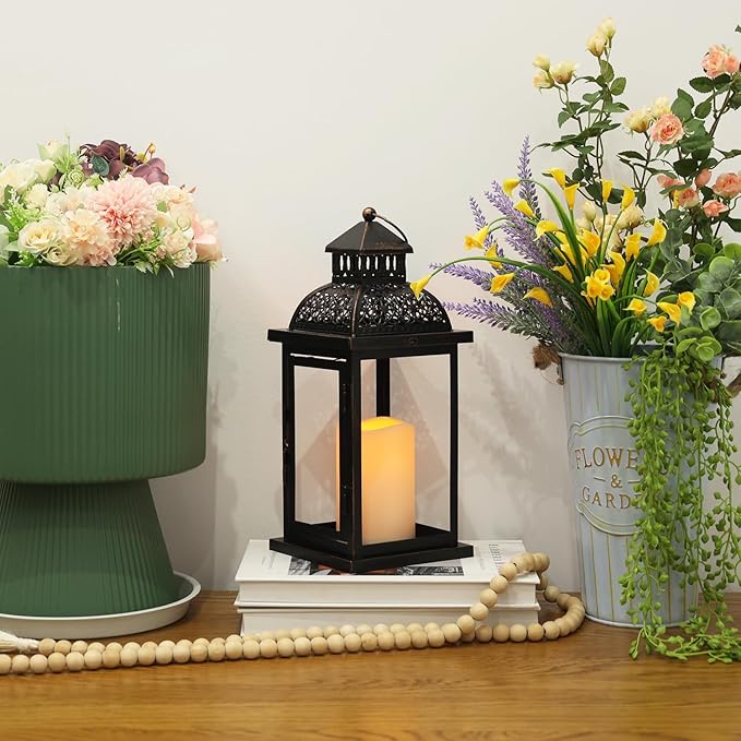 NEEDOMO Lanterns Decorative Indoor & Outdoor, 15'' Lantern with LED Candle, Vintage Metal Hanging Lanterns for Patio, Front Porch,Yard, Table, Spring (NO Glass)