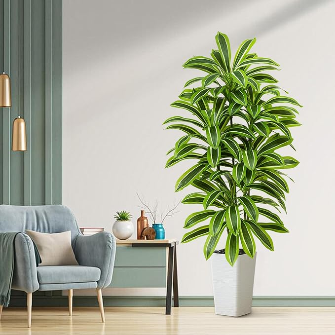 Artificial Yellow Dracaena Tree - 6FT Tall Fake Plants with White Tall Planter - Artificial Plants Indoor Floor Plant in Pot - Large Tropical Fake Yucca Potted Tree for Home Office Living Room Decor