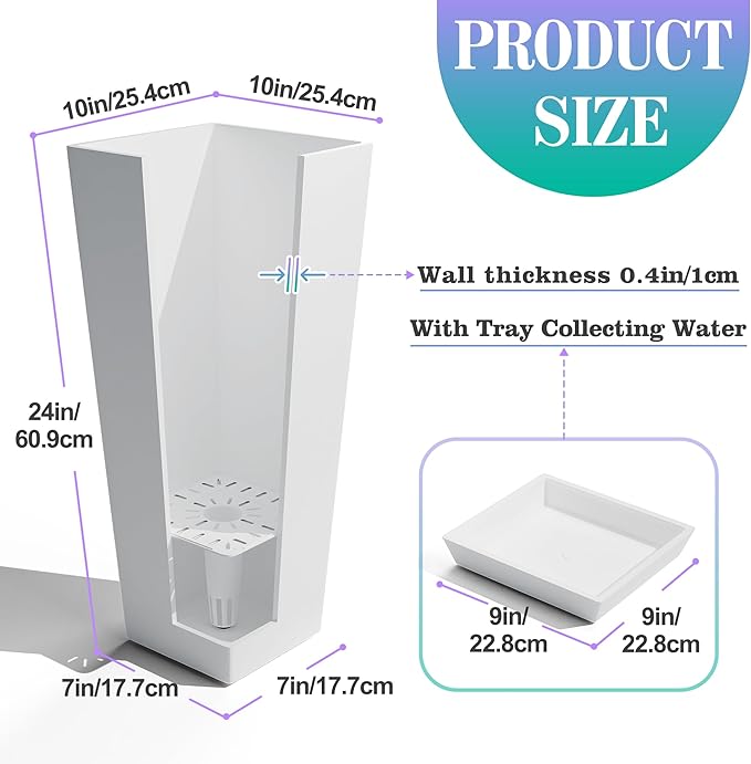 TUYOHW 24 Inch Tall Tapered Square Planters (Set of 2) - Indoor Outdoor Large Flower Pots with Built-in Drainage & Matching Water Tray for Patio, Garden, Home - White
