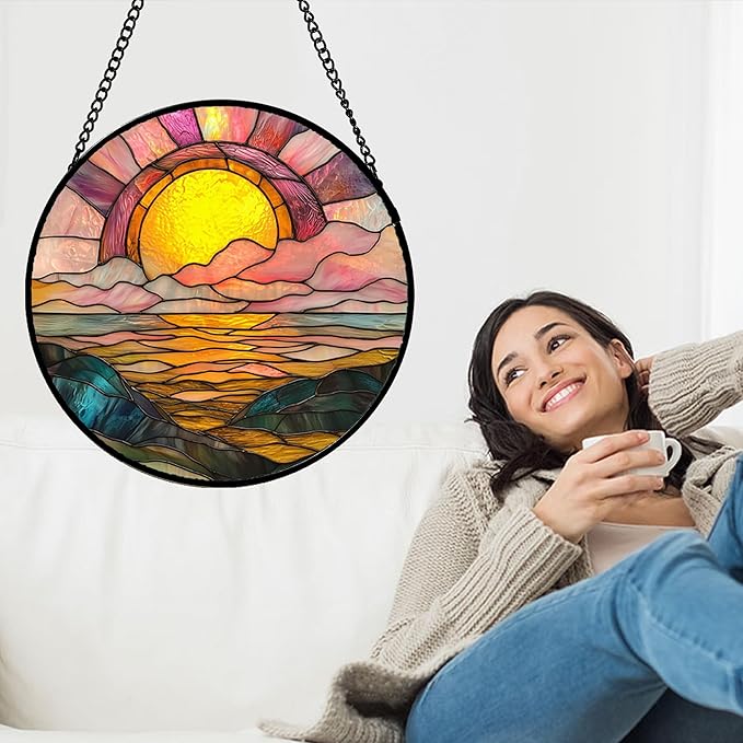 DASTOLL Stained Glass Window Hanging, Sunrise Over The Sea Suncatcher Diamond Glass Panel Hangings Abstract Sun Catchers Decor for Birthday for Women, Men, Wife, Aunt, and Mom 14.9 in