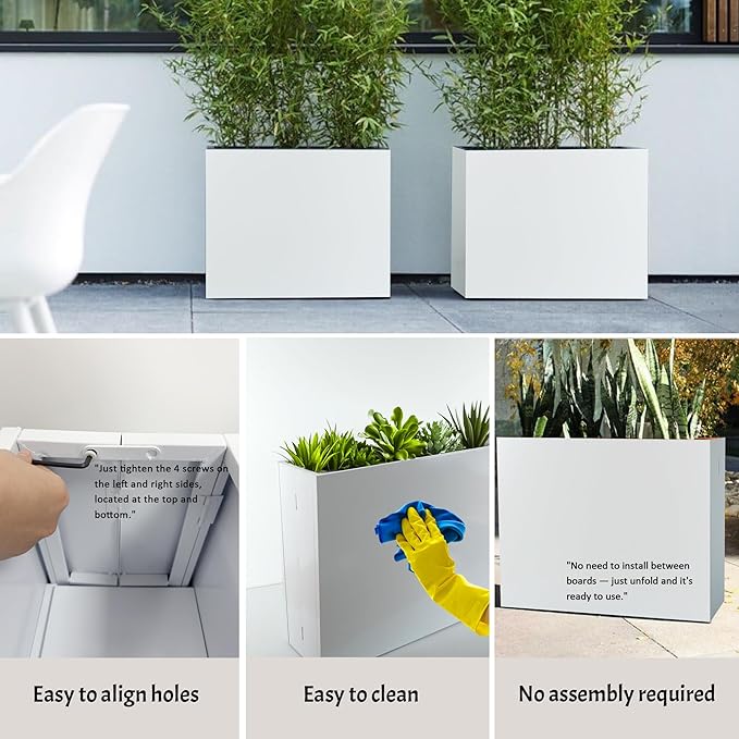 TISUWING Metal Planter Box, No Installation Galvanized Steel Folding Rectangular Planter with Drainage Holes, 35.5"x 10"x 28" White Outdoor Planter for Porch/Patio/Garden