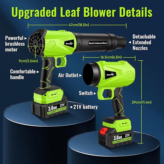 Blumway Leaf Blower Cordless with Battery, 21V Handheld Leaf Blower with 3 Extended Nozzles, Electric Leaf Blowers with 2 Pcs 3.0Ah Batteries, Portable Leaf Blowers for Lawn Care, Leaves,Dust, Car