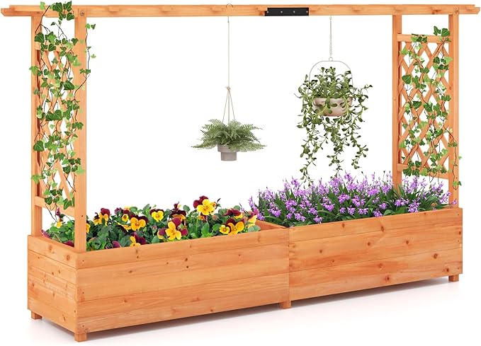 HAPPYGRILL Raised Garden Bed with Trellis, Freestanding Wood Planter Box w/Hanging Roof & 8 Drainage Holes for Vine, Climbing Plants, Flowers, Outdoor Planter with Trellis for Garden, Patio, Yard