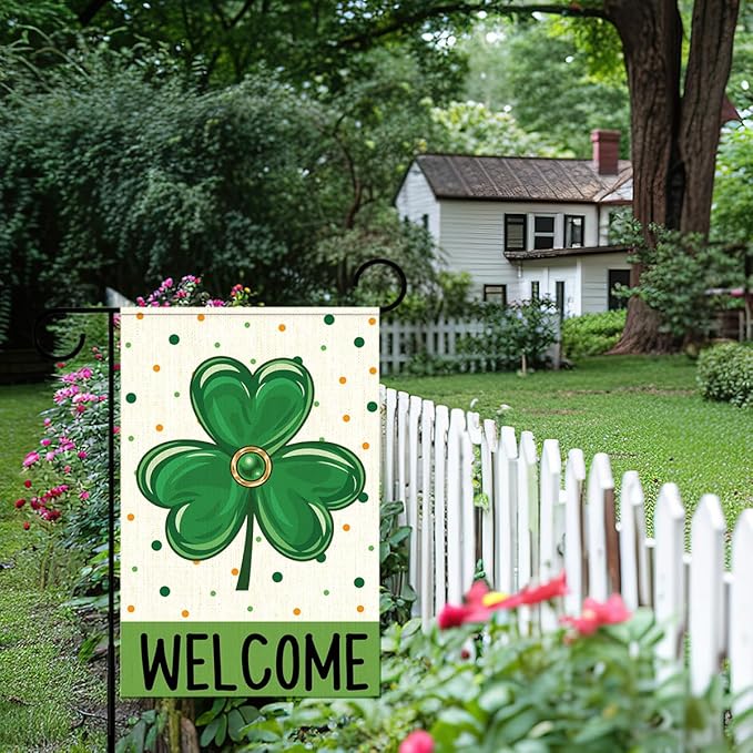 St Patricks Day Welcome Garden Flag 12x18 Inch Double Sided,Shamrock Outdoor Irish Decor House Porch Flag for St Patrick's Day Party and Yard Decorations