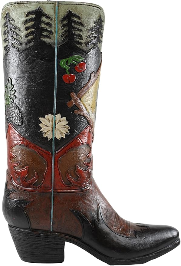 Ebros Rustic Southwestern Black Bear Country with Pine Trees and Cherries Forest Cowboy Cowgirl Boot Decorative Figurine Or Floral Vase Planter Tooled Leather Finish Table Shelf Countertop Accent