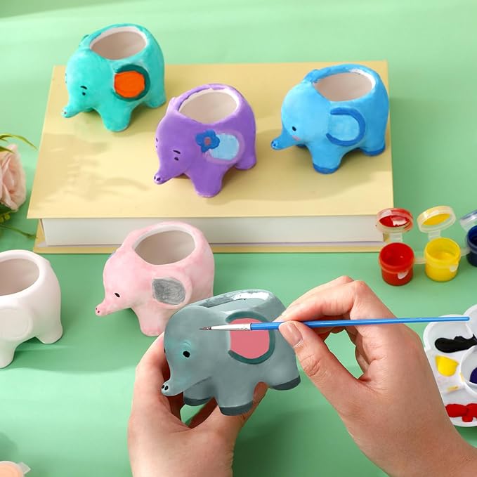 Pasimy 6 Set Ceramics to Paint DIY Ceramic Succulent Planter Pots Paint Your Own Flower Pots Craft Kit Unpainted Bisque Flowerpot with Brush Palette for Family Activity Holiday Gifts(Elephant)