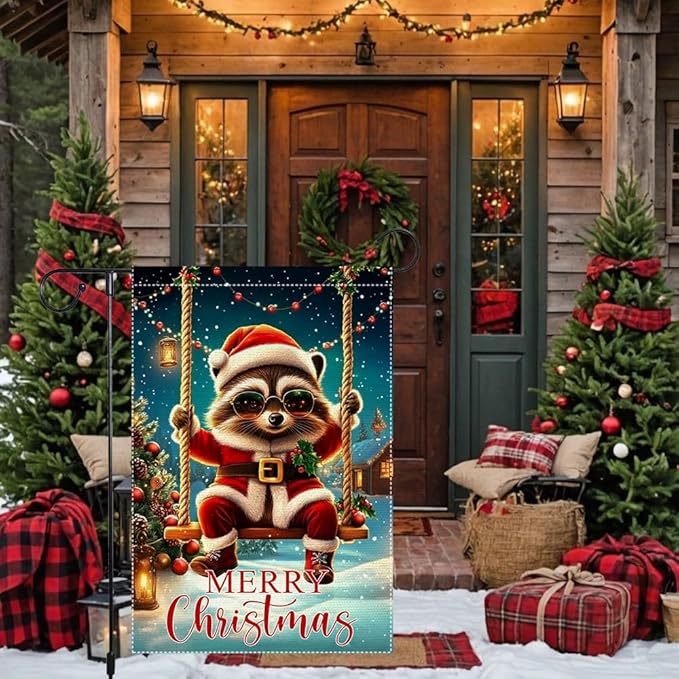 Christmas Garden Flag 12x18 Inch Double Sided Burlap Holiday Yard Flag Cute Raccoon in Santa Outfit Swinging with Lights Small Winter Outdoor Decorations for Lawn Porch