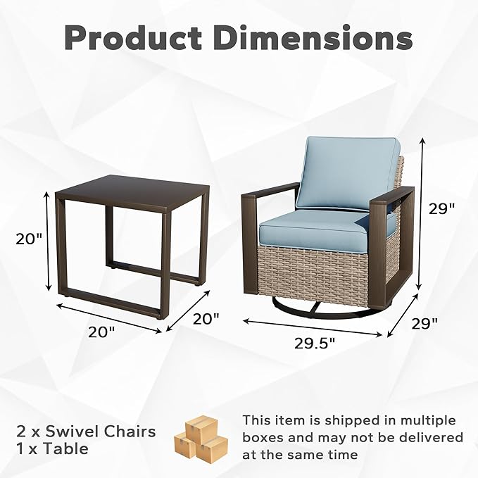 Joyside Outdoor Patio Swivel Rocker Chairs, 3 Pieces Wicker Furniture Set, 2 Swivel Rocking Chairs and 1 Table, Metal Wide Armrest, Thick Cushions and Deep Seating for Garden, Backyard, Porch, Deck
