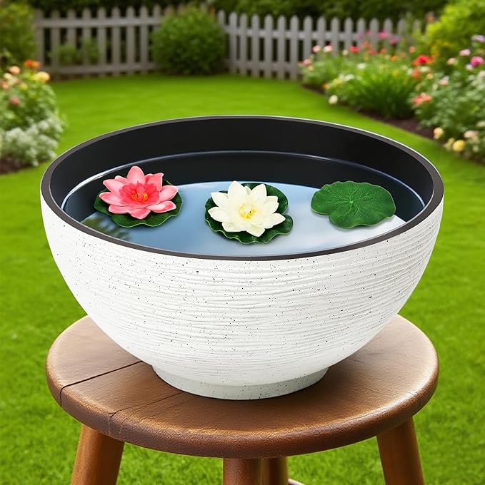 charmshine 13.7inch Large Lotus Bowl Planter Garden Water Plant Pot Bird Bath Bowl Landscaping Planter Water Lily Pots for Outdoor Indoor Planting in Water Small Fountain Base Mini Fish Pond (White)