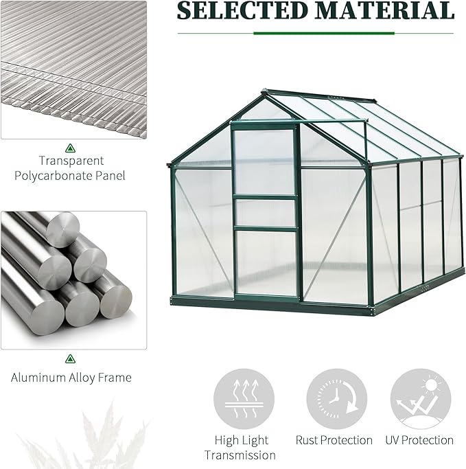 Outsunny 6' x 8' Greenhouse for Outdoors, Polycarbonate Greenhouse with Rain Gutter and Roof Vent, Aluminum Walk-in Green Houses for Outside for Patio Backyard Garden, Dark Green