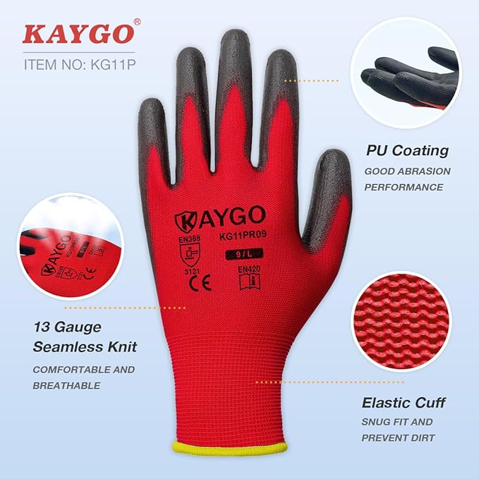 KAYGO Safety Work Gloves PU Coated for Men and Women, 12 Pairs KG11P Seamless Knit Glove with Polyurethane Coated Smooth Grip on Palm and Fingers, Ideal for General Duty Work (L, Red)
