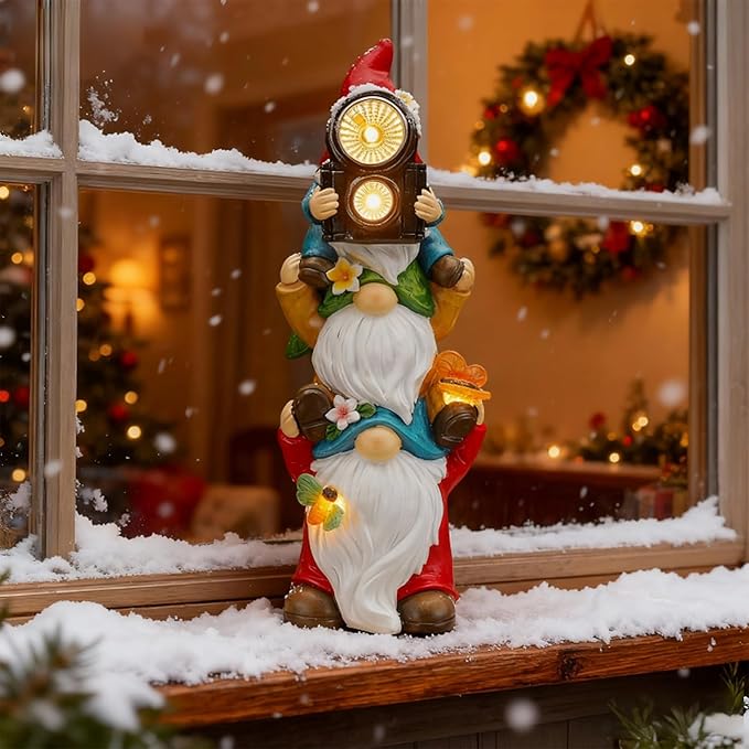 Funny Photography Garden Gnomes Statue, Solar Christmas Gnomes Outdoor Decor for Yard, Lawn, Patio, Porch, Unique Xmas Birthday Housewaming Gifts,12 Inch, Resin