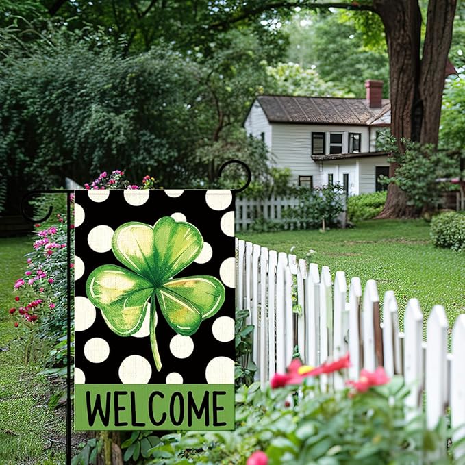 St Patricks Day Welcome Garden Flag 12x18 Inch Double Sided,Shamrock Polka Dots Outdoor Irish Decor House Porch Flag for St Patrick's Day Party and Yard Decorations