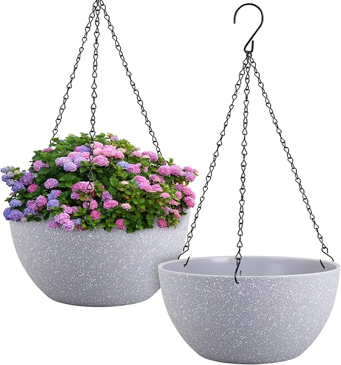 Meowell 12 inch Large Hanging Planters for Indoor Outdoor Plants, 2 Pack Hanging Flower Pots with Drainage Holes and Chain for Garden Porch, Plastic Hanging Baskets for House Plants, Speckled Grey