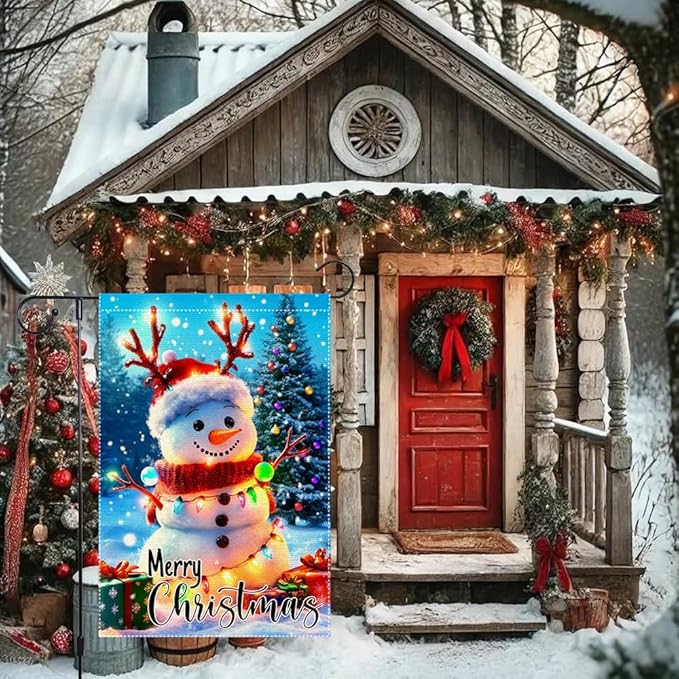 Christmas Snowman Garden Flag 12x18 Inch Double Sided Burlap Outdoor Holiday Yard Decor Cute Winter Lawn Banner with Lights Santa Hat Tree Gifts for Porch Patio Front Door