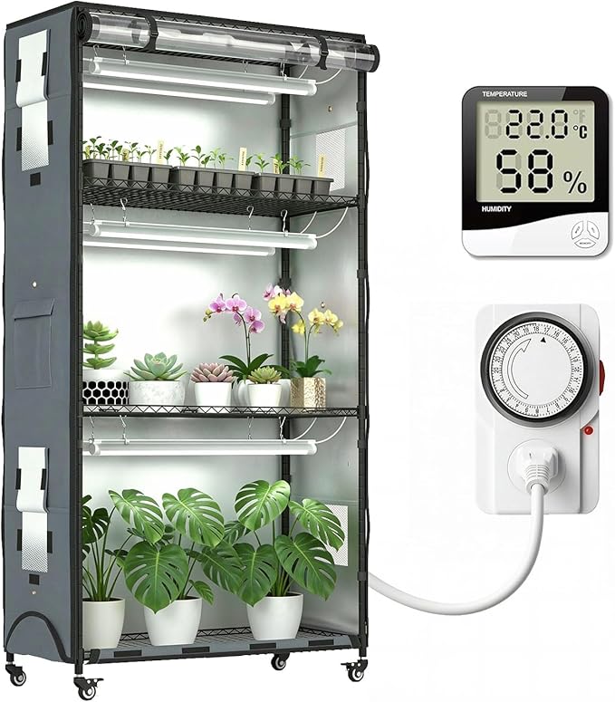 Indoor Greenhouse with Grow Light, 4-Tier Enclosed Plant Stand for Year-Round Indoor Gardening, 600D Oxford Cloth Cover, 6 Sets 3-Color Grow Light, Timer Plug & Hygrometer, 36" Wx 14" D x 63" H