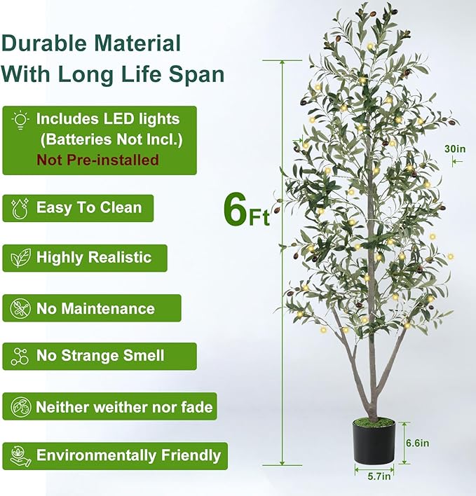Olive Trees Artificial Indoor, 6FT Tall Faux Olive Tree with Moss and Planter, Artificial Plants Indoor with Natural Wood Trunk and Lifelike Fruits, Fake Tree for Home Office Living Room Decor