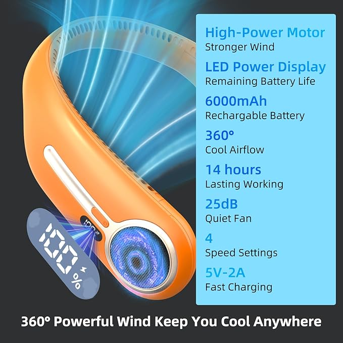 Portable Neck Fan,Hands Free Personal Wearable Bladeless Fan,6000mAh USB Rechargeable,360° Cooling,LED Display,4-Speeds,Birthday Gifts for Men Women Dad Mom,Valentines Day Gifts for Her Him (Orange)