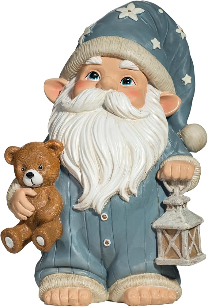 Sleepy Garden Gnome with Teddy Bear & Lantern - 9" Weatherproof Resin Statue - Indoor Outdoor Decor - Whimsical for Home, Patio & Lawn