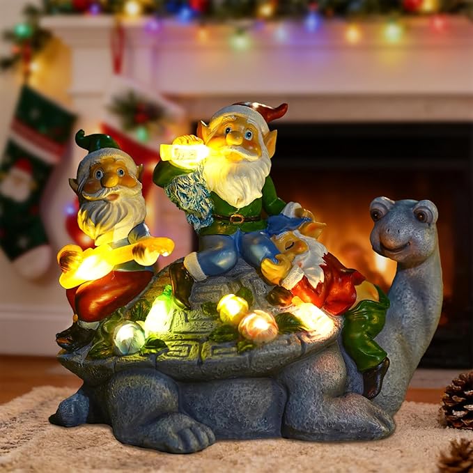 Upgraded Size Solar Garden Outdoor Statues Gnome Turtle Three Gnomes Having Party on Turtle with 7 LED Lawn Decor Outside Decorations for Patio, Balcony, Yard Ornament Unique Garden Gift