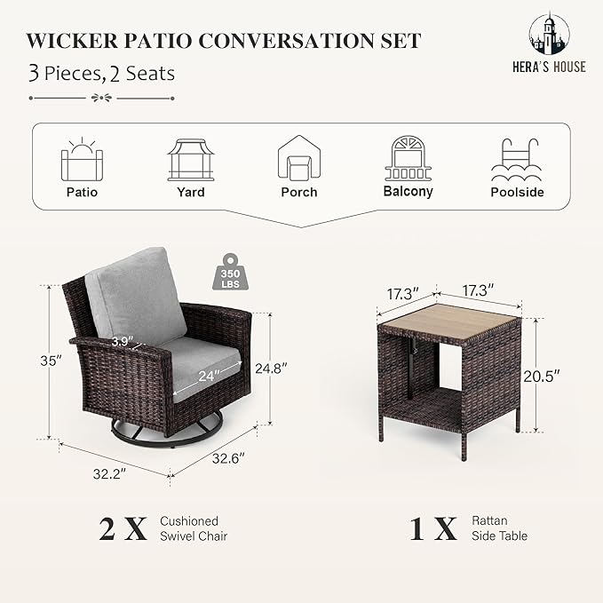 HERA'S HOUSE 3-Piece Outdoor Patio Furniture, High Back Swivel Chairs Set of 2 with Rattan Table, Brown Wicker Conversation Bistro Set with 5.5” Thick Cushion for Deck Porch Balcony Garden Lawn, Gray
