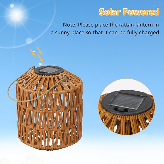 Rattan Solar Lights, 4 Pack Solar Lanterns Outdoor Waterproof, Outdoor Lights for Yard, Hanging Lantern with Handle, Decorative Lanterns for Garden, Tabletop, Tree Lighting (Bulbs Included)