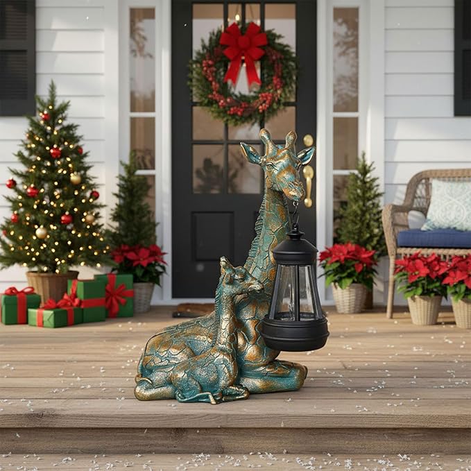 YHSOLAR Solar Garden Decor - Mother Baby Giraffe Statue with Solar Lantern 9.7" Resin Giraffe Figurine Outdoor Patio Yard Porch Decor Gifts for Mom Grandma Women Gardeners
