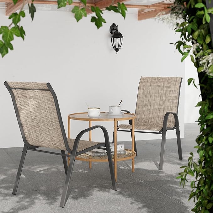 Patio Dining Chairs Set of 4, Outdoor High Stacking Chairs for All Weather, Breathable Seat Fabric and Alloy Steel Frame for Backyard, Porch, Garden (Brown)