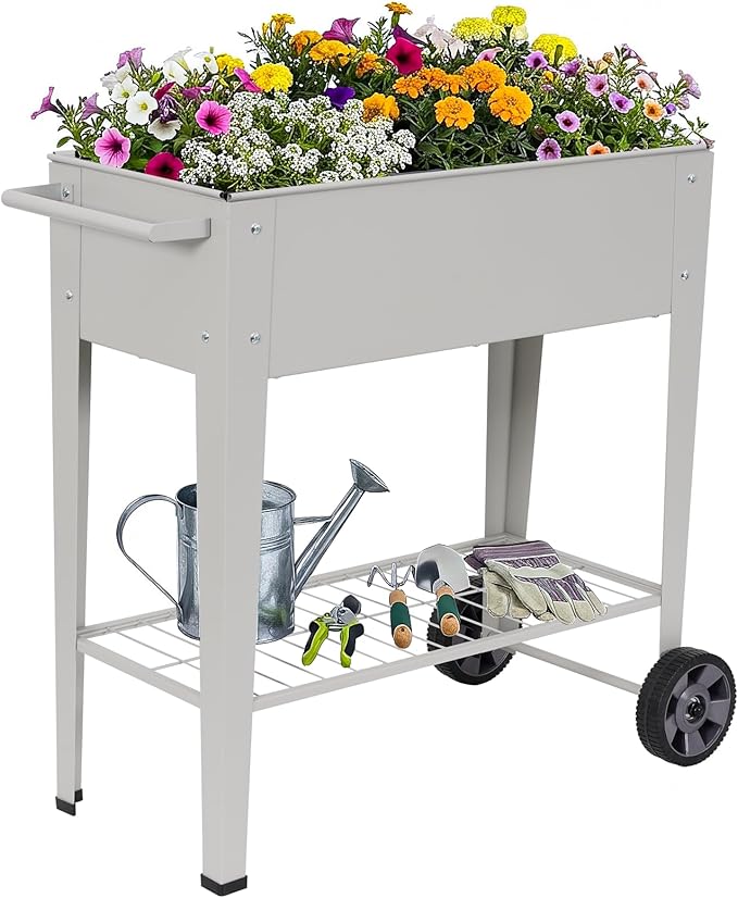Elevated 32" Tall Raised Garden Bed with Legs and Wheels for Mobility, Metal Planter Boxes Outdoor with Shelf, Raised Bed for Gardening Vegetables/Herbs, Backyard, Patio, Balcony, Grey