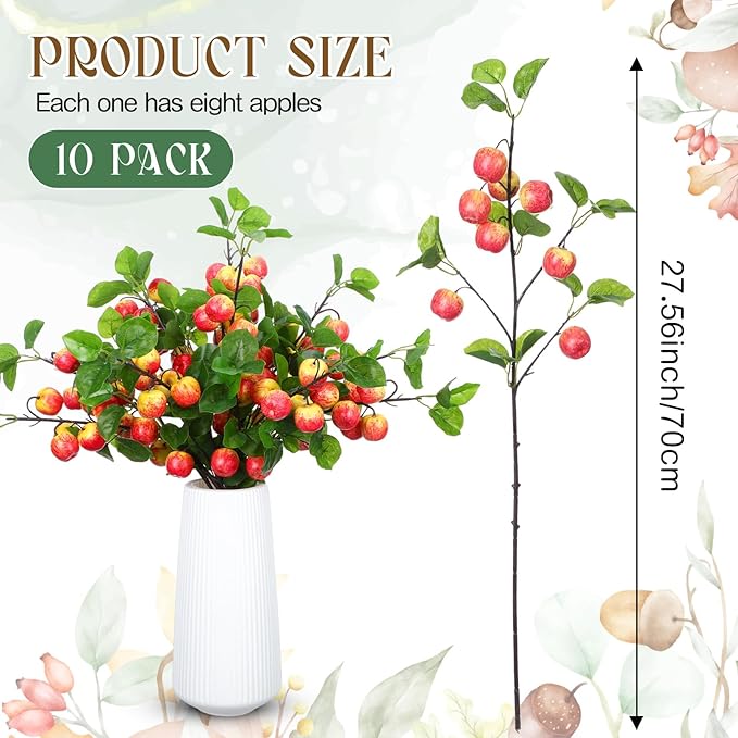 10 Pcs 27.56 Inches Artificial Fake Apple Branches Realistic Tall Apple Bouquets Tree Branch with Long Stem and Green Leaves Fruit Plant for Home Office Vase Filler Shop