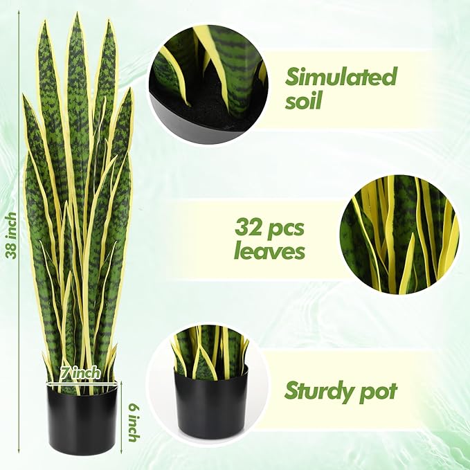 Crowye 4 Pack 3.15 Ft Tall Artificial Snake Plant Faux Sansevieria Plant Large Fake Snake Bulk in Pot for Home Office Housewarming Gift