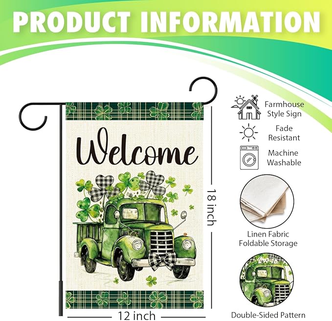 St Patricks Day Welcome Garden Flag 12x18 Inch Double Sided,Shamrocks Truck Buffalo Plaid Outdoor Irish Decor House Porch Flag for St Patrick's Day Party and Yard Decorations