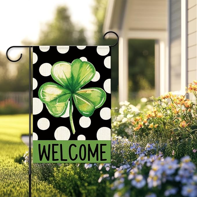 St Patricks Day Welcome Garden Flag 12x18 Inch Double Sided,Shamrock Polka Dots Outdoor Irish Decor House Porch Flag for St Patrick's Day Party and Yard Decorations