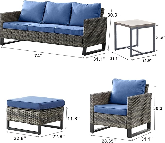 Rilyson Wicker Outdoor Patio Furniture Set - 6 Piece Patio Conversation Set with 2 Armrest Chairs,2 Rattan Ottoman,1 Couch and 1 Metal Side Table for Outside Porch Deck Backyard(Mixed Grey/Blue)