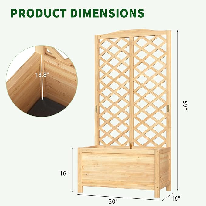 Wooden Raised Garden Bed with Trellis, Freestanding Planter Box with Drainage for Vines Climbing Plants Flowers Herbs, Elevated Gardening Planter for Backyard Balcony Patio