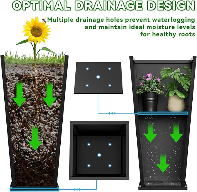POOAMY Metal Planter 2 Pack, 15L x 15W x 30H, Heavy Duty Tall Planters for Outdoor Plants, Black Planters with Removable Insert Shelf, Large Planters with Drainage Holes for Porch, Patio, Black