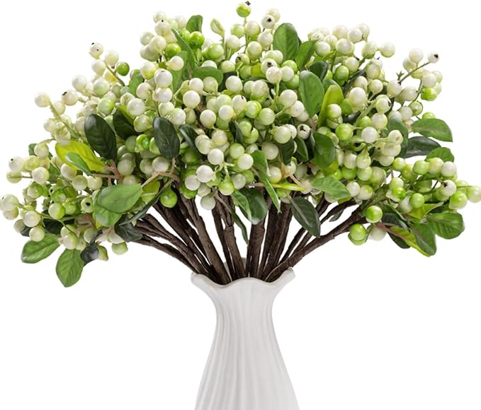 SHACOS Artificial White Berry Stems 20 PCS Pack Fake Berries Branches Spray with Green Leaves 9.8 inch Small Berry Picks for Christmas Decorations Crafts Filler Holiday Home Decor, White